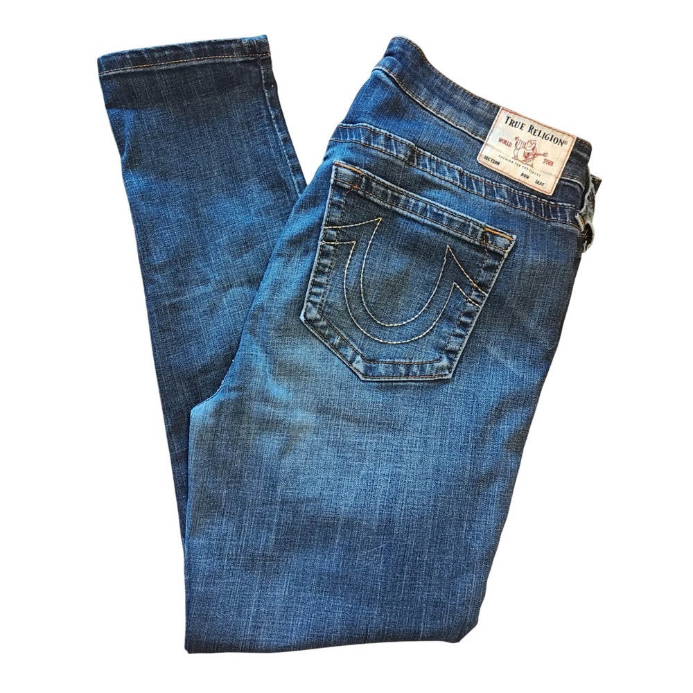 True Religion Halle Super Skinny Jeans Womens 33 Dark Blue Mid Rise Horseshoe - Picture 1 of 13